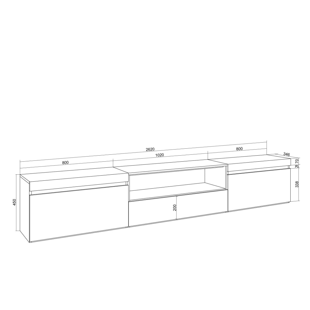 Mobile TV Soggiorno, 260x45x35cm, TV di grande formato, Mobile Soggiorno, Bianco e Rovere soft