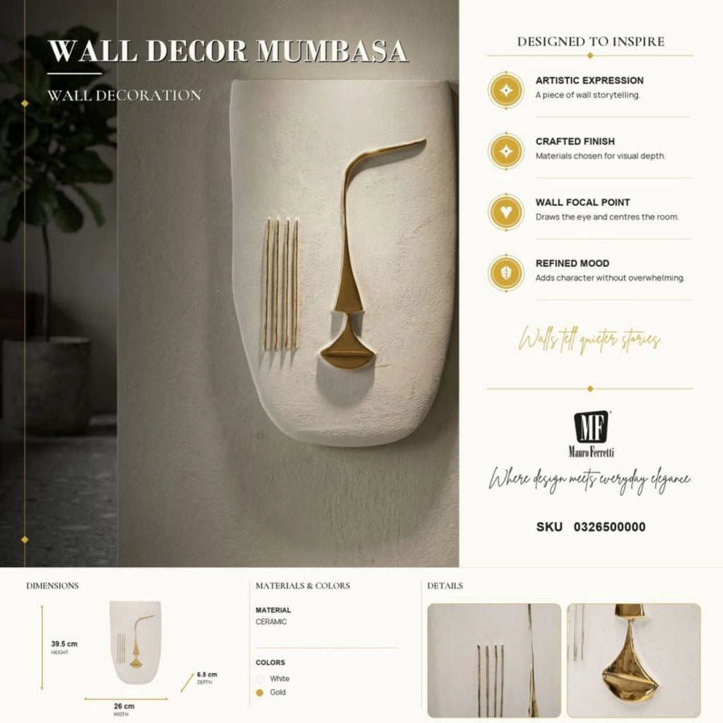 Decorazione da parete Mumbasa in ceramica bianca e oro lucido
