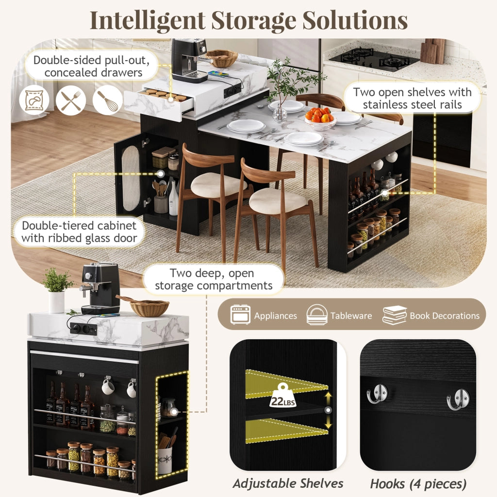 Tavolo allungabile con piano pieghevole; cassetto e vani; con prese integrate e ruote nascoste per cucina e sala da pranzo