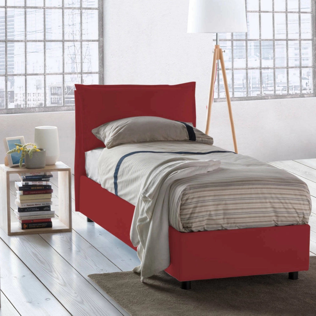Letto singolo Aigor, Letto contenitore con rivestimento in tessuto, Made in Italy, Apertura frontale, adatto per materasso cm 90x190, Rosso