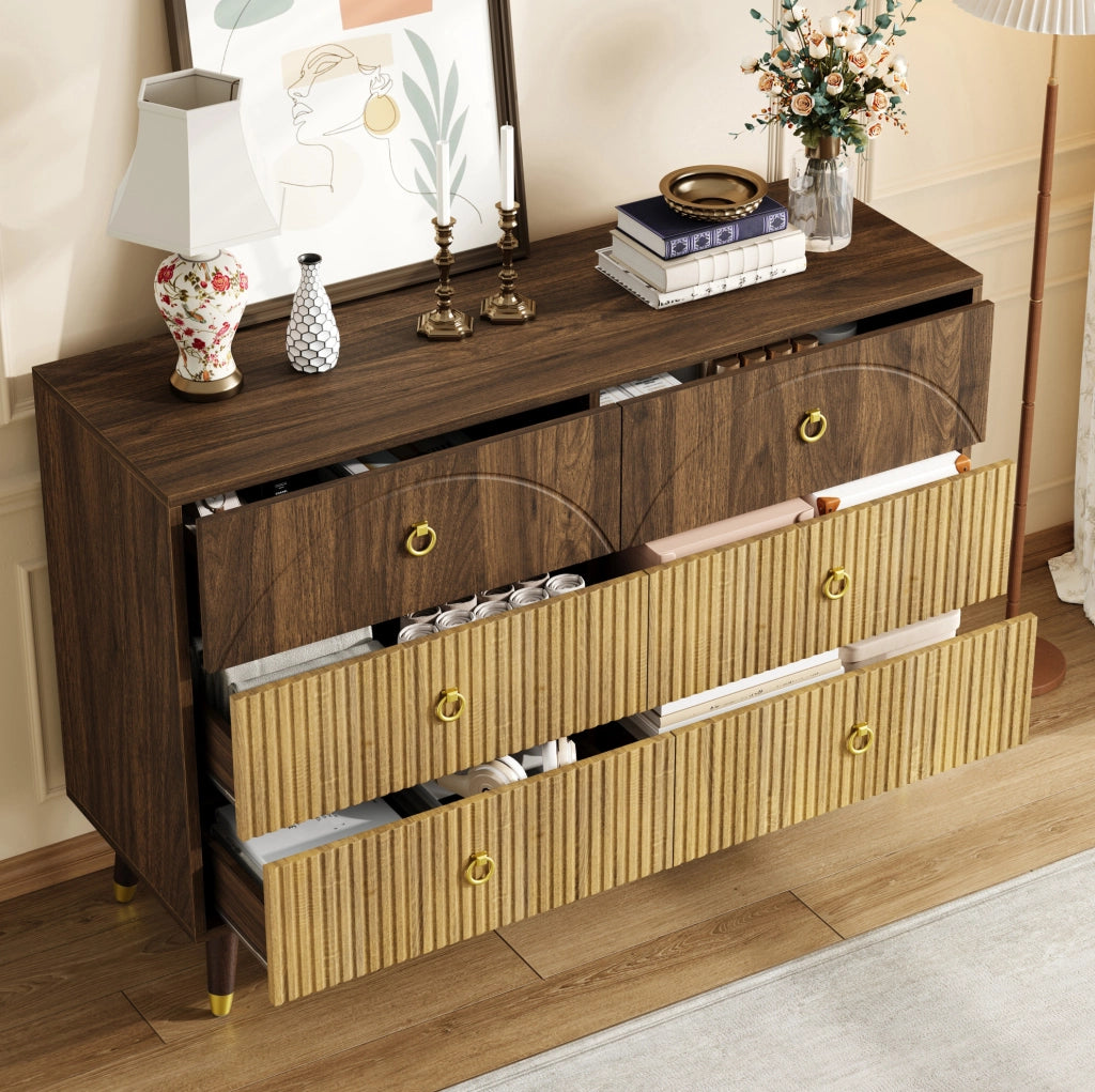 Sideboard vintage a 6 cassetti 120x40x81 cm in MDF e pannello truciolare; naturale