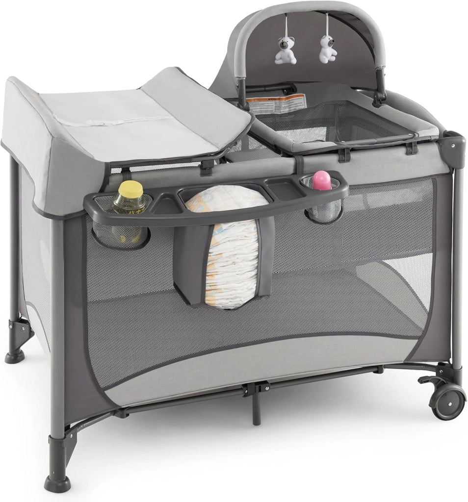 Lettino da Campeggio con Materasso, Lettino Pieghevole per Bambini con Fasciatoio, Culla da Viaggio con Ruote, Giocattolo, Lettino Bambini Staccabile, per Bambini 0-36 Mesi (Grigio)