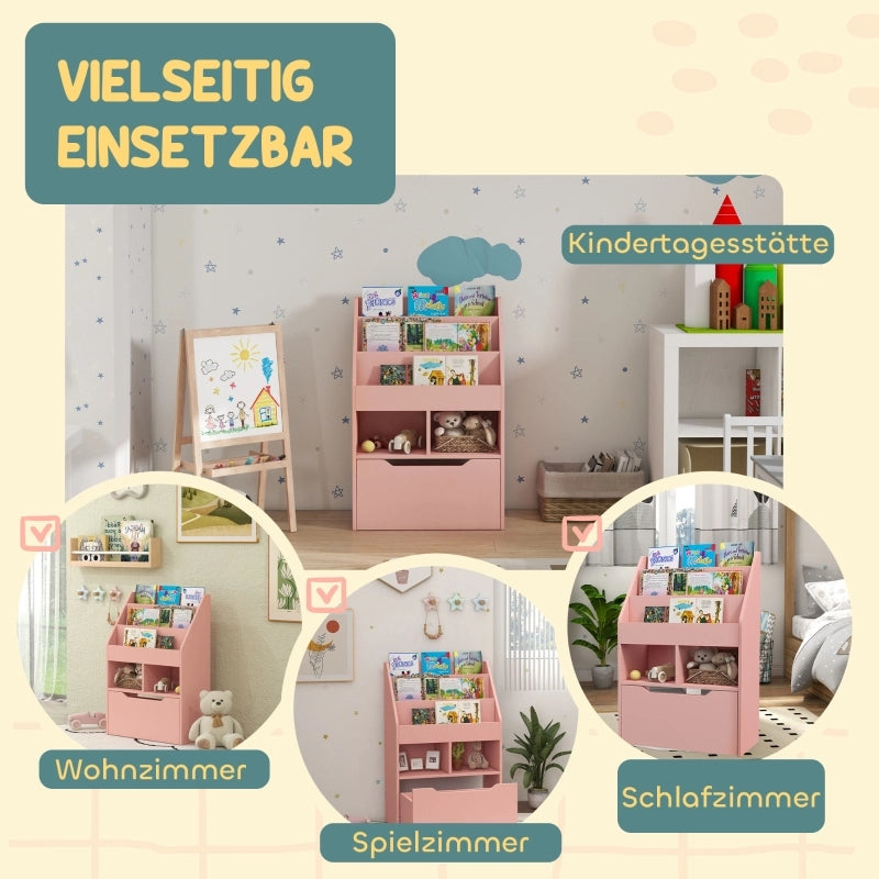 Libreria per bambini con cassetto, 3 ripiani e 2 vani a giorno, scaffale contenitore per cameretta, sala giochi, rosa, 60 x 29,9 x 90 cm