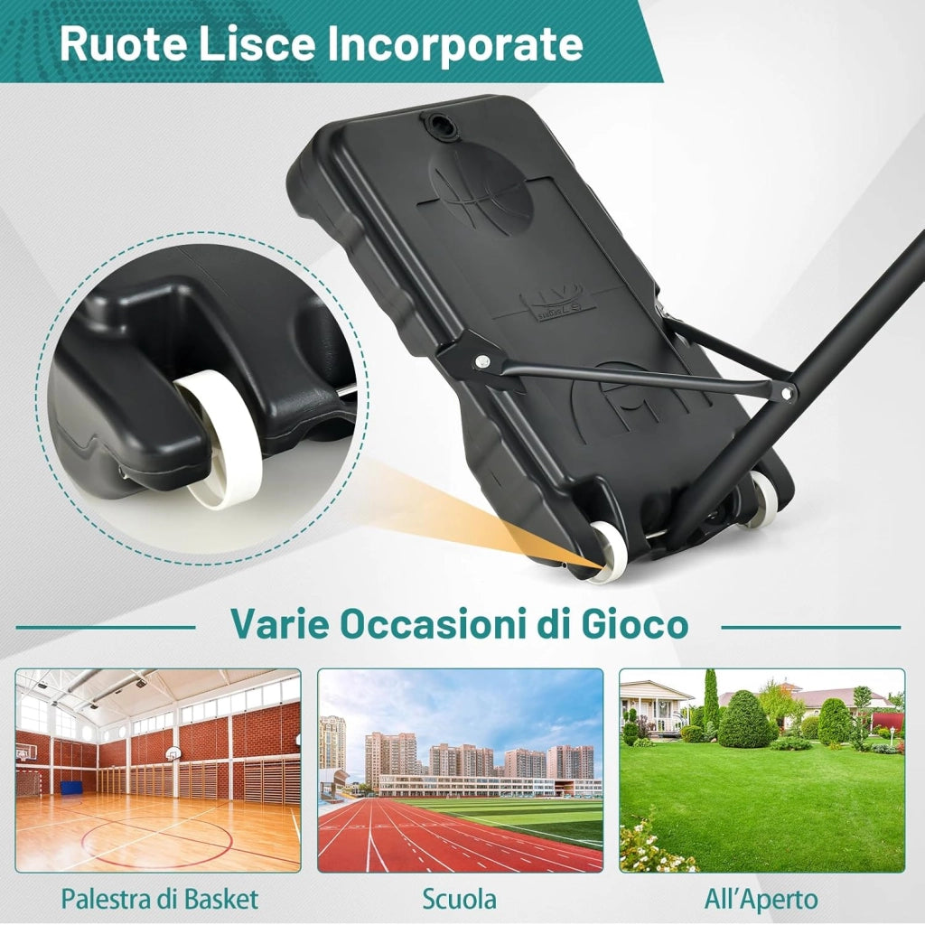 Canestro Basket da Interno ed Esterno Portatile e Regolabile in Altezza 90-210cm, Canestro da Basket per Bambini con Ruote, Incavo per Pallone e Tabellone Infrangibile