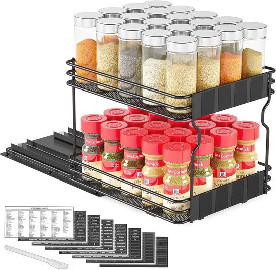 Organizzatore per erogatori di spezie - Organizzatore per spezie e medicinali con etichette e matite a grafite - 20,5 cm B x 27,5 cm D x 21,5 cm H