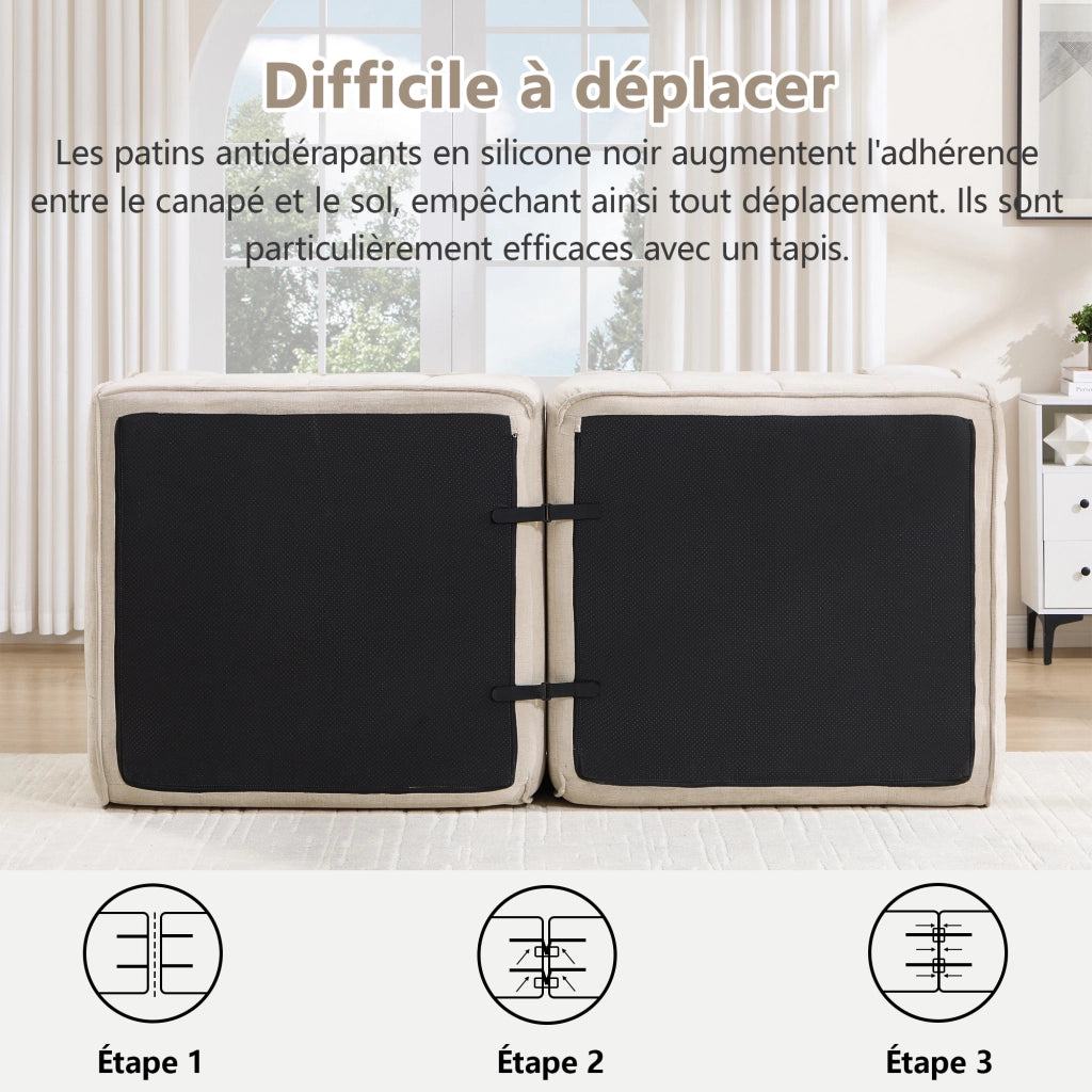 Divano modulare angolare con pouf; seduta profonda in schiuma 32D; beige