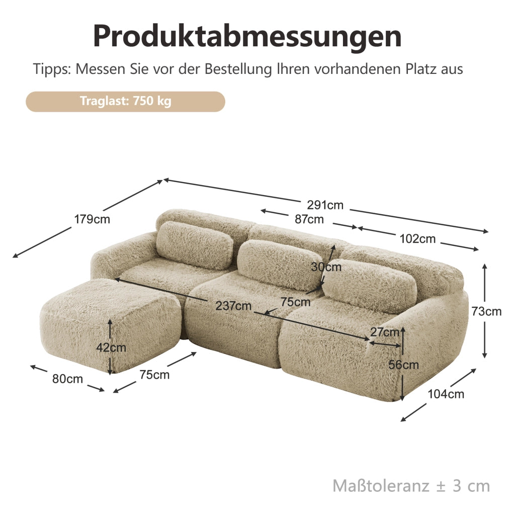 Divano Angolare Modulare con Ottomana e Cuscini Design senza Struttura Base Antiscivolo in Peluche Cachi Chiaro