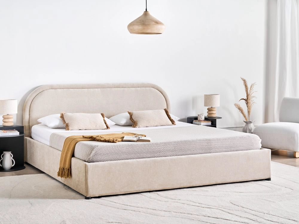 Letto matrimoniale EU Beige Chiaro Tessuto di ciniglia 180 x 200 cm Struttura imbottita con contenitore