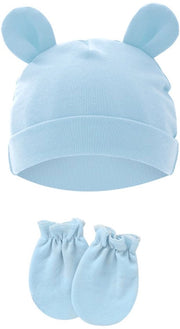Set per neonati con copricapo e guantini, protettori auricolari di cotone con funzione antiscuotimento, adatti per bambini da 0-1 anno, diametro massimo 15,5 cm, colore luce azzurro