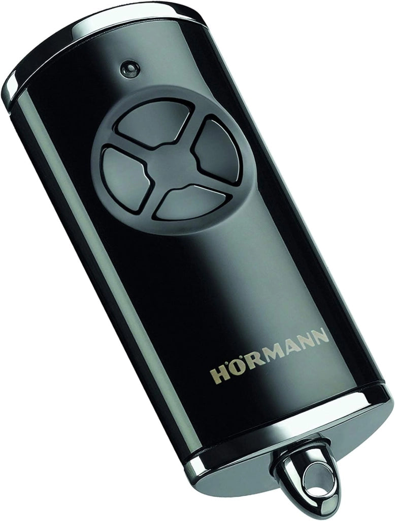 Telecomando Hörmann HSE 4 BS (frequenza 868 MHz, laccato nero, per apriporta da garage con tappi cromati, batterie, dimensioni 28x70x14 mm, con anello portachiavi) 4511561