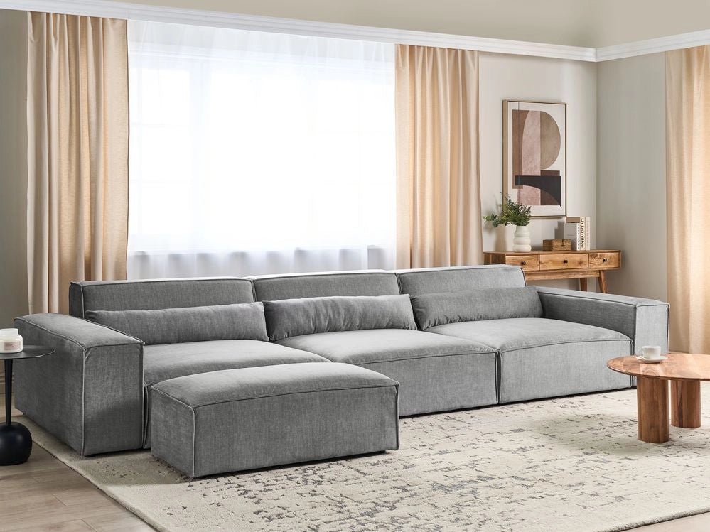 Divano modulare a 3 posti con ottomana Divano componibile in tessuto grigio con gambe nere Soggiorno moderno