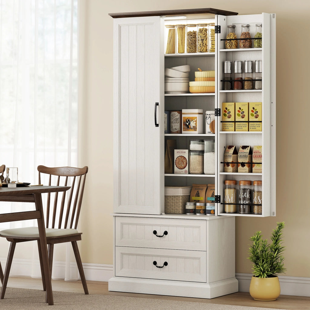 Armadio da cucina ¨C zephmum ¨C 2 ante, cassetti, ripiani regolabili, LED, 76x39.5x183cm, bianco