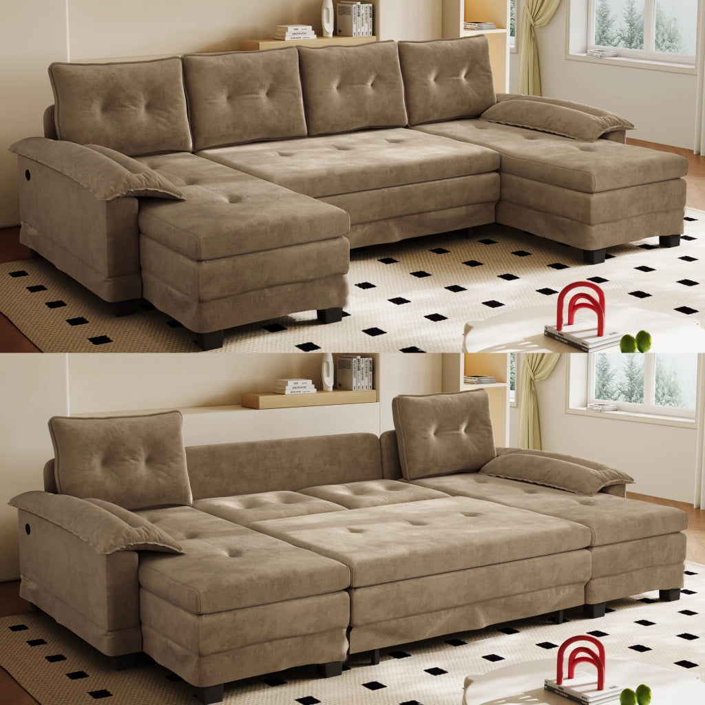 Divano modulare a U convertibile con USB, 4 cuscini, ciniglia khaki 278 × 127 × 87 cm