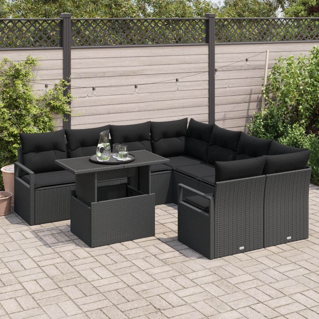 Set di Divani da Giardino 9 Pezzi con Cuscini Polyrattan Nero
