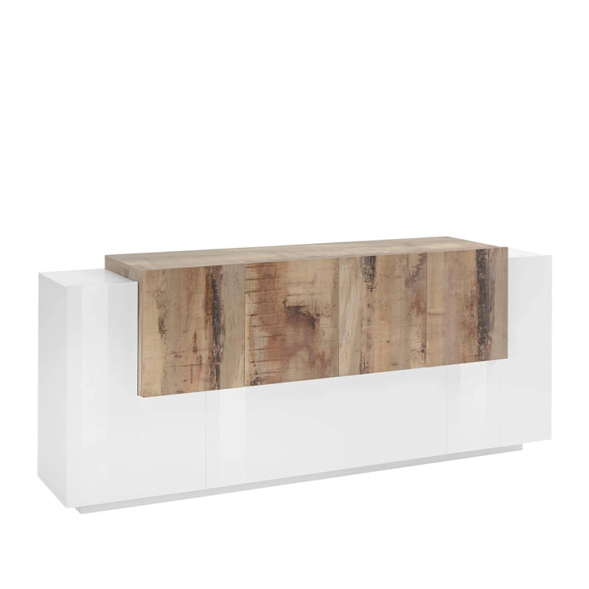 Credenza Moderna NEW CORO con 2 ante battenti, 1 ribalta e 4 ante battente in Bianco, Acero e Pereira