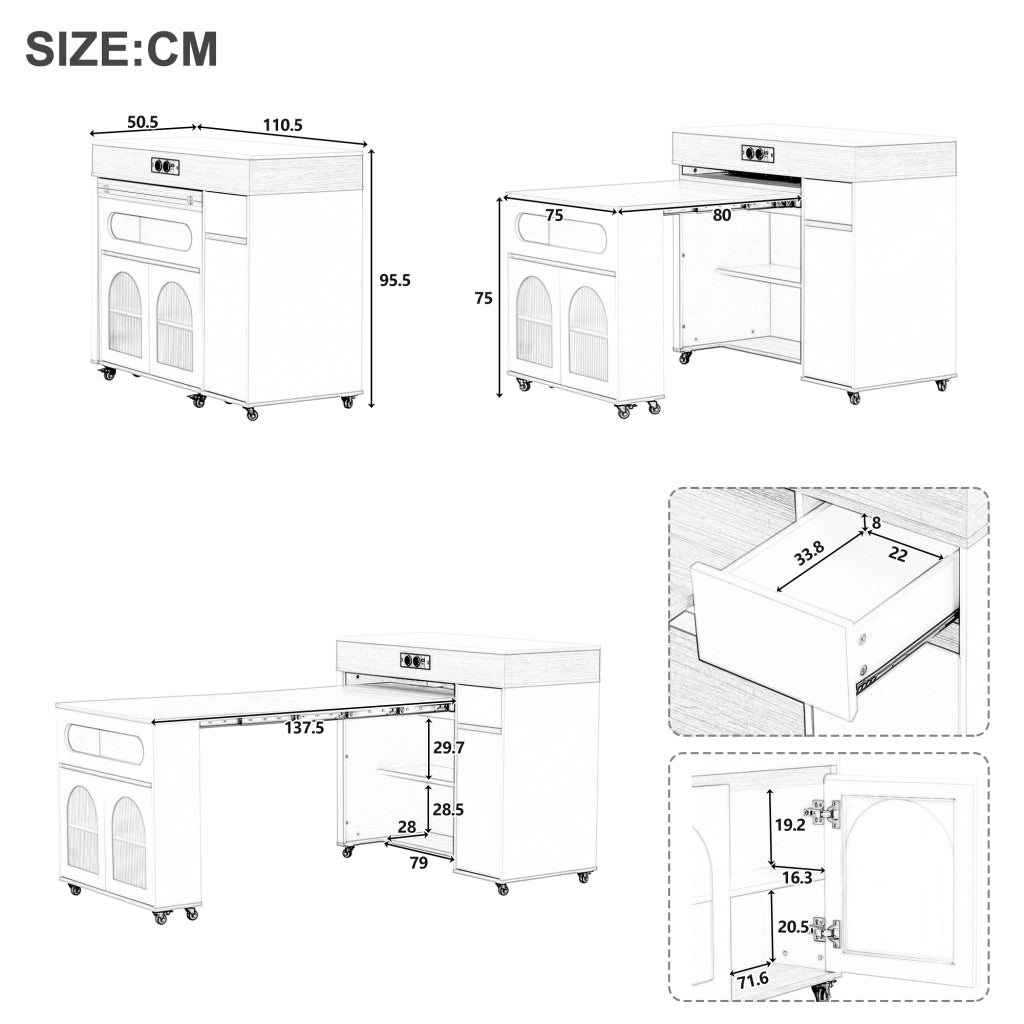 Tavolo allungabile con cassetto e vano contenitore vetrato; per cucina e sala da pranzo; stile moderno