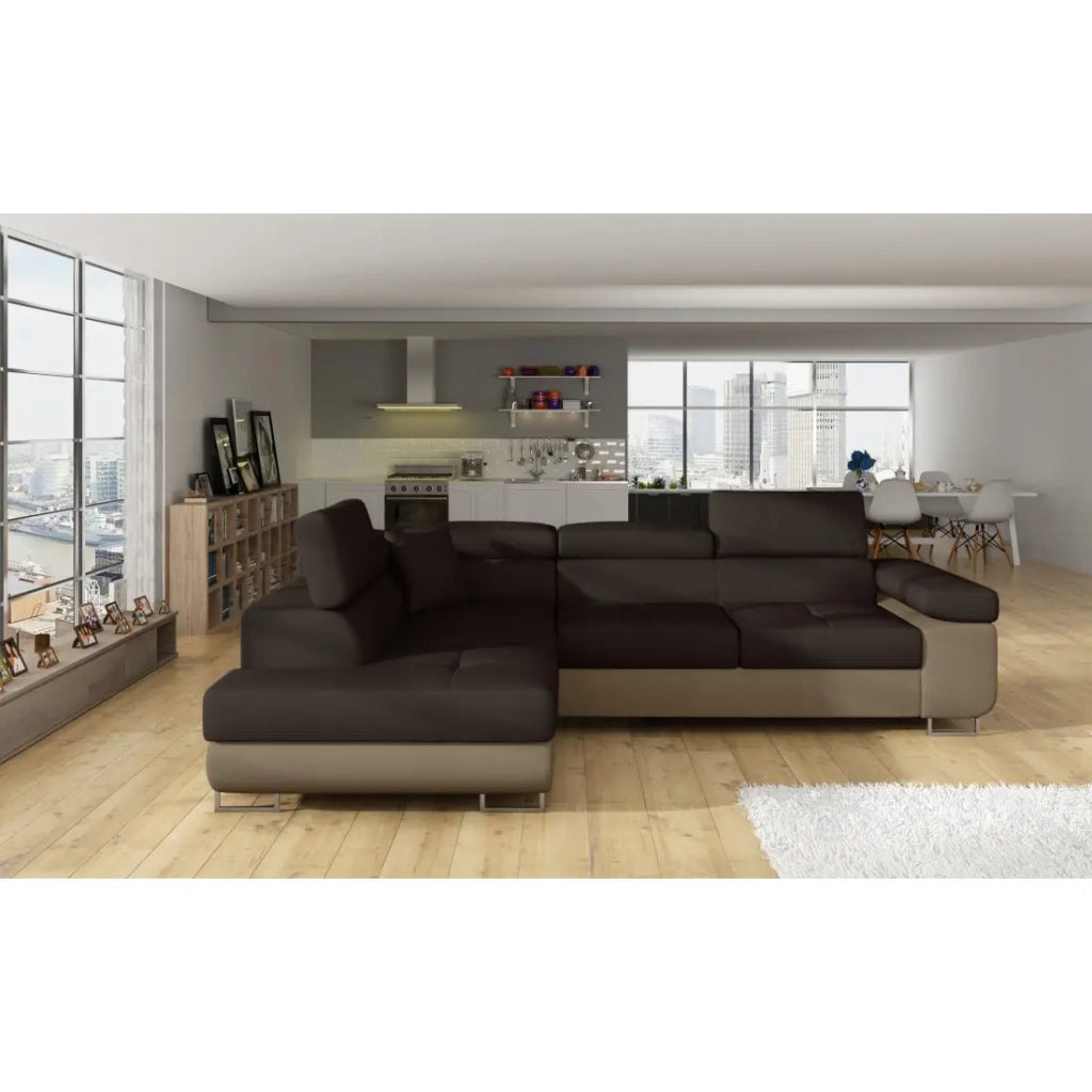 Divano angolare trasformabile MENTON beige e marrone bouclé - Angolo sinistro con contenitore