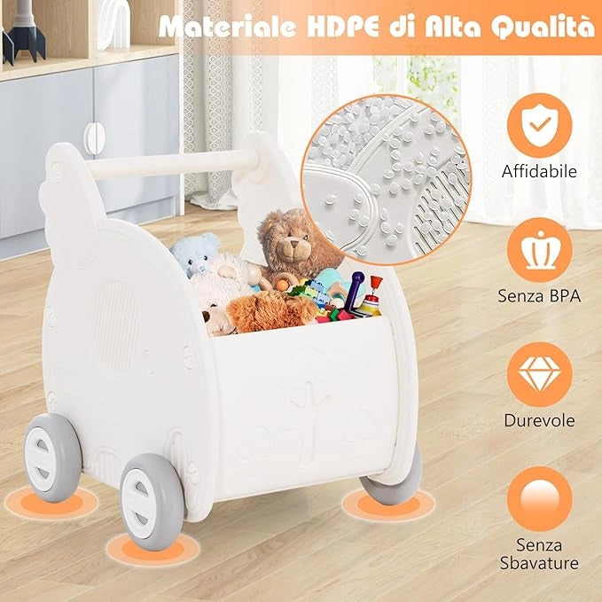 Girello per Bambini, Carrello a Spinta con Contenitore, Primi Passi con 4 Ruote, Maniglia e Spazio di Stoccaggio, per Bambini 3+Anni