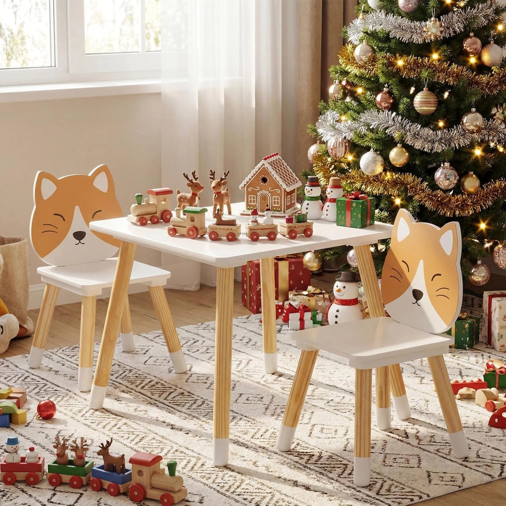 Set Tavolo e Sedie per Bambini 3+ Anni, Set Tavolino e Sedia in Legno a Forma di Gattino, Angoli Arrondati, Sedia Ergonomica con Schienale, Ideale per Giocare, Disegnare e Leggere