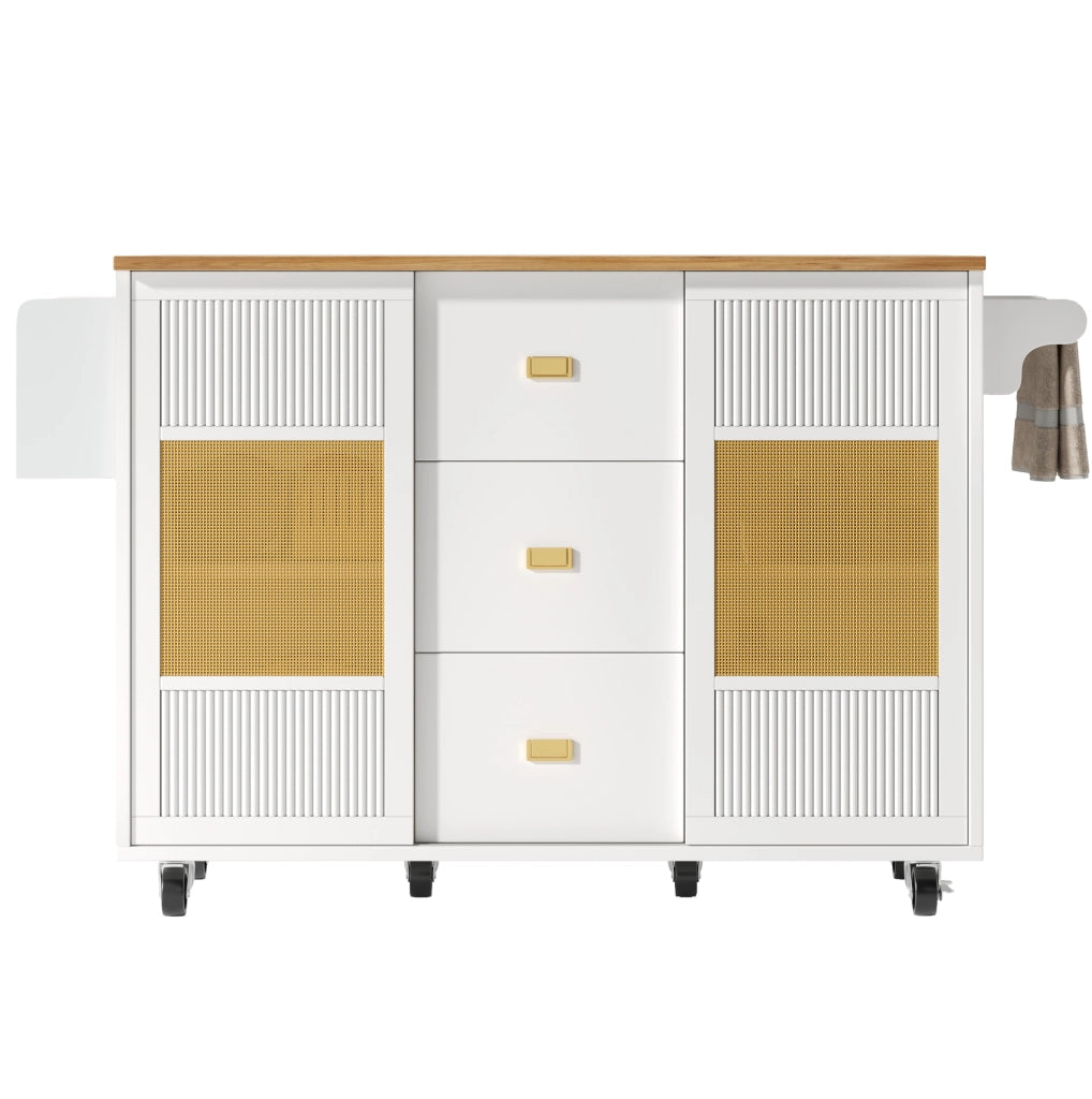 Isola cucina 146.85x70x90 cm con piano ribaltabile e ruote in MDF e metallo bianco