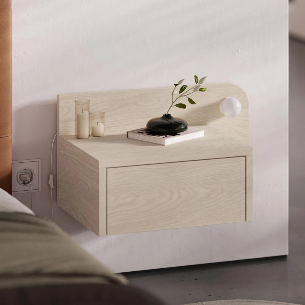 Comodino "Dotta" con lampadina in legno - 52 x 30 x 28 cm - Beige