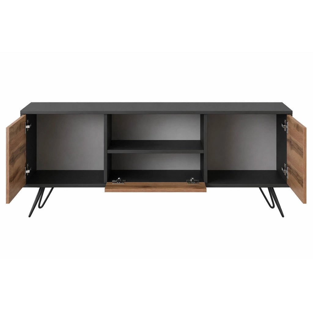 Mobile Porta TV Con 2 Ante Battenti Anta A Ribalta E Vano A Giorno Design Contemporaneo Per Zona Living E Salotto 137 X 52 X 33 Cm Nero E Rovere