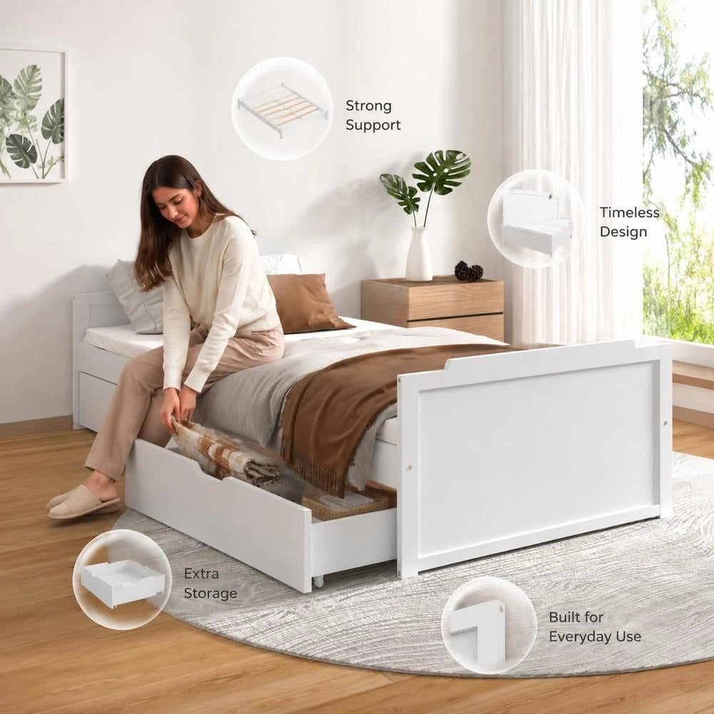 Solid Wood Bed With Drawers, White Pine, 90x200 Cm