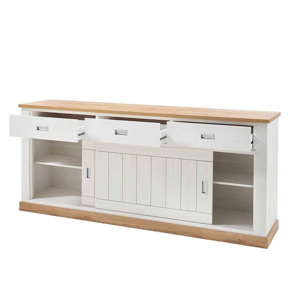 Madia Credenza Con 3 Cassetti 2 Ante Scorrevoli E 4 Ripiani Interni Mobile Dispensa Per Cucina Soggiorno Zona Living Design Classico Moderno 220 X 50 X 95 Cm Bianco E Rovere