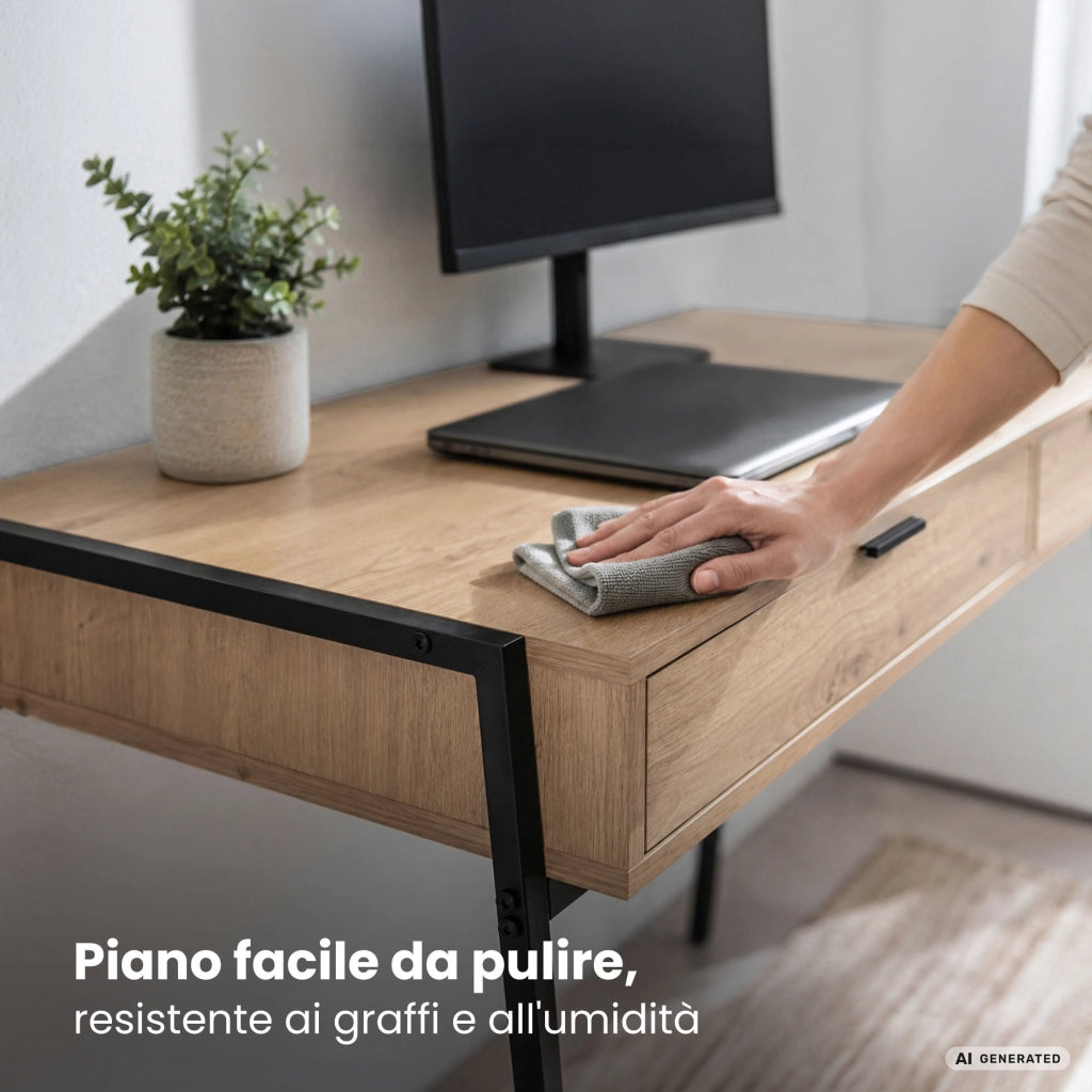 Scrivania industriale per computer Rovere Artisan ZENTIA 100 cm 2 cassetti gambe nere