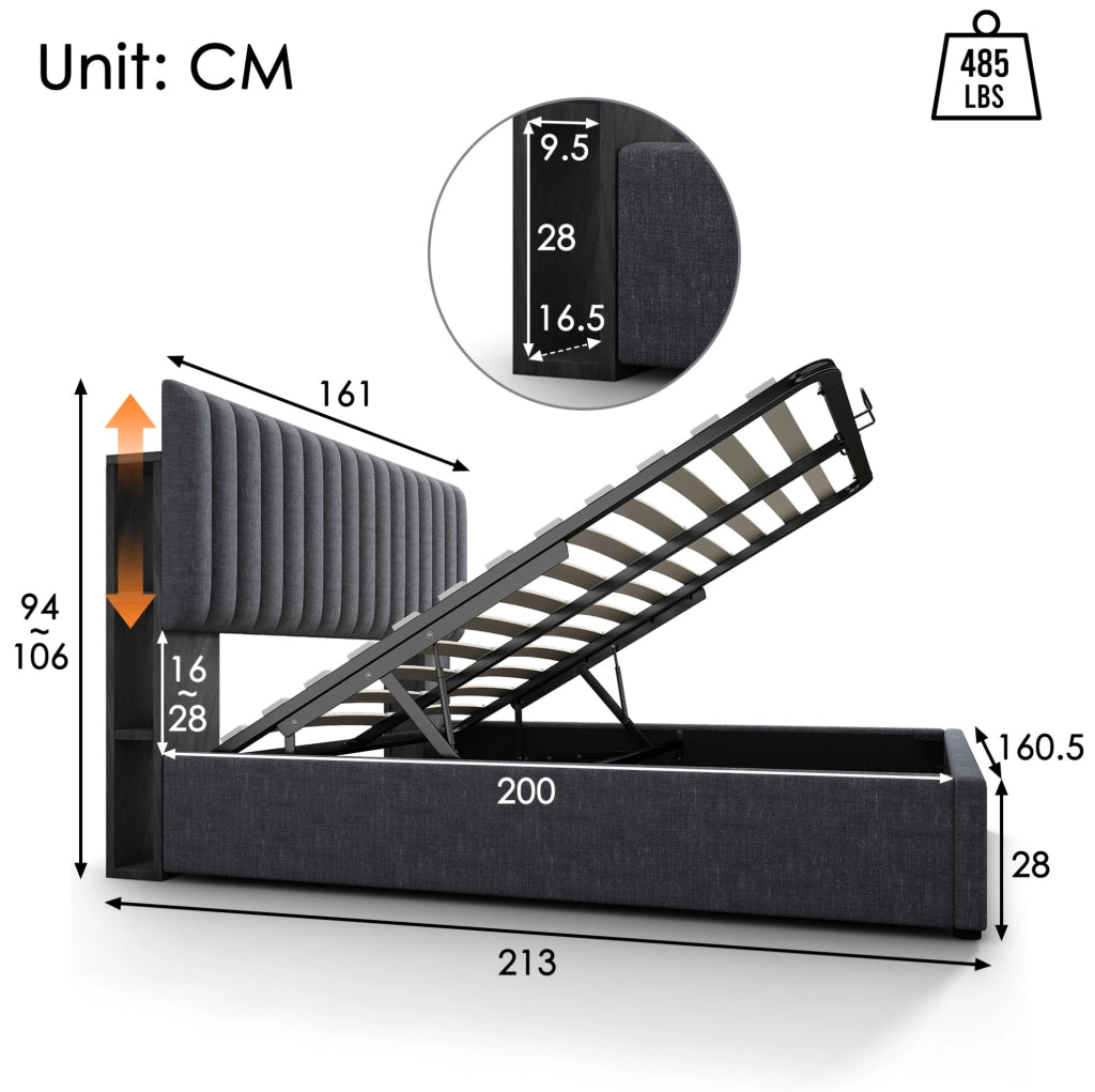 Letto matrimoniale con LED, USB e contenitore integrato