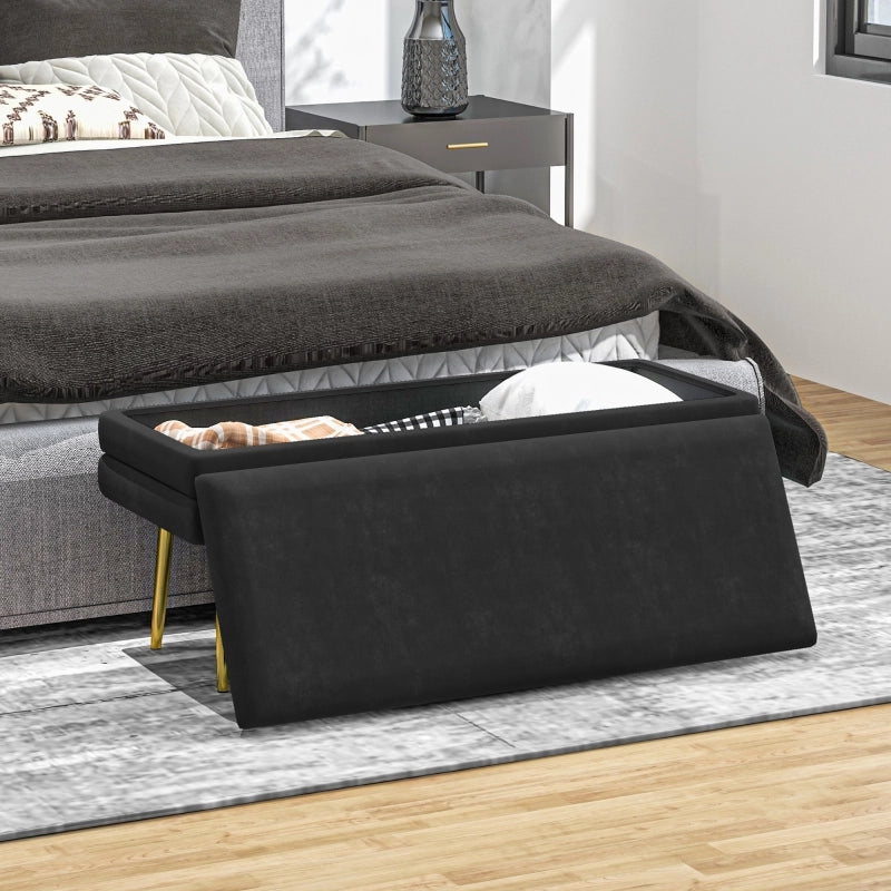 Panca imbottita con vano contenitore, effetto velluto, struttura in acciaio, 100 x 37,5 x 42 cm, nero