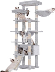Cat tree, 200 cm alto, con 11 schegge, grandi piattaforme, 2 ceste, lettino, cassetta, palline di peluche, gatto cat tree con più livelli, grigio chiaro