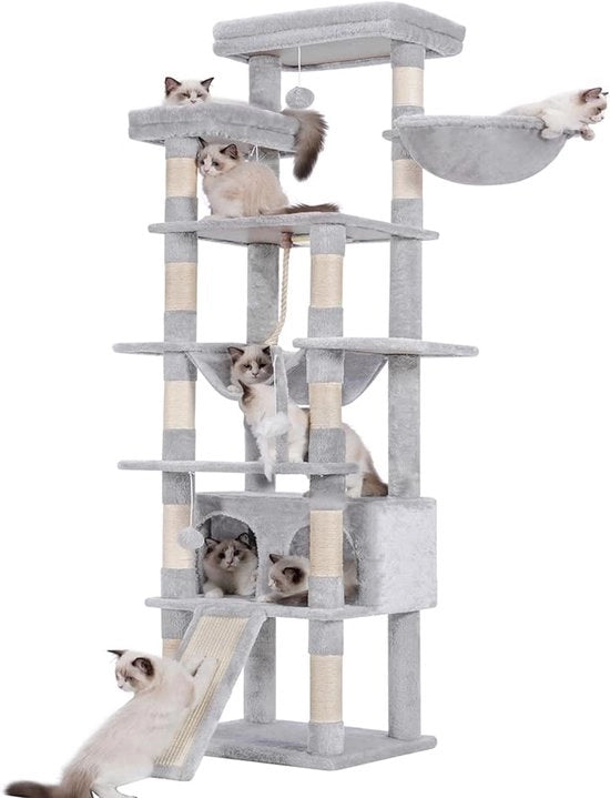 Cat tree, 200 cm alto, con 11 schegge, grandi piattaforme, 2 ceste, lettino, cassetta, palline di peluche, gatto cat tree con più livelli, grigio chiaro