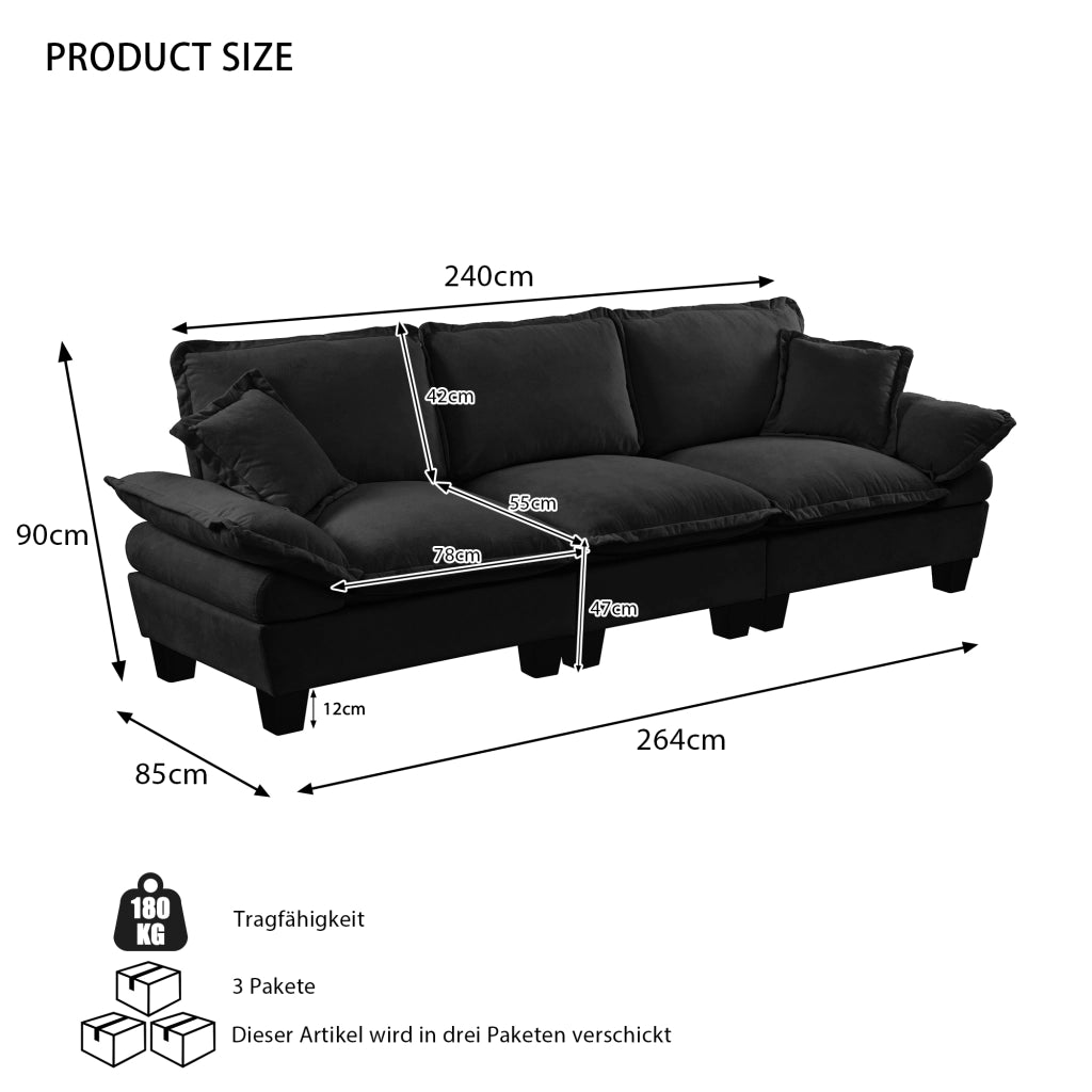 Scaffale modulare con braccioli curvi in chenille nero per piccoli spazi e appartamenti 263 × 82 × 90 cm