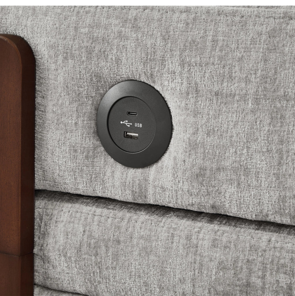 Divano letto compatto grigio chiaro in tessuto con USB Type-C e vano contenitore