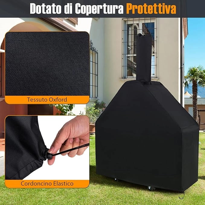 Forno per Pizza da Esterno con Ruote, Forno a Legna per Pizza con Copertura Protettiva, Pala per Pizza, Griglie e Termometro Integrato, per BBQ, Campeggio, Festa [Classe di efficienza energetica A+]
