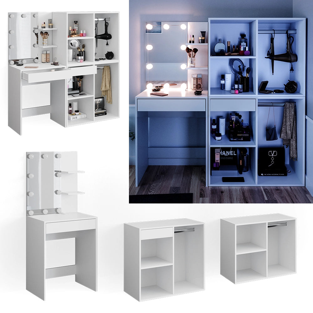 Vicco Tavolo da toeletta Bianco 140 cm con illuminazione LED e armadi
