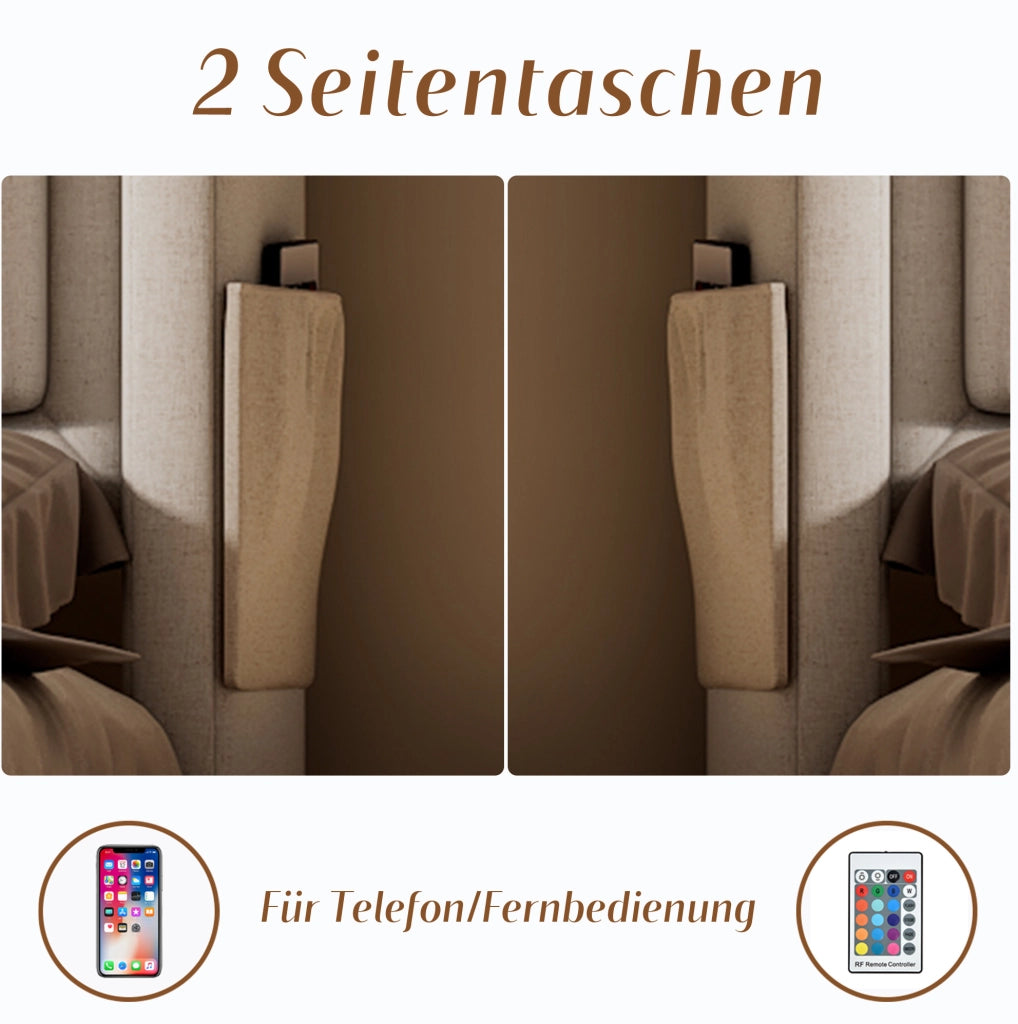 Letto matrimoniale 160x200 cm con LED; porte USB e Type-C; 4 cassetti; beige; in cotone e lino; con materasso