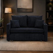 Divano letto trasformabile in ciniglia nera; 139 x 83 x 58 cm; con tasca laterale e 4 cuscini