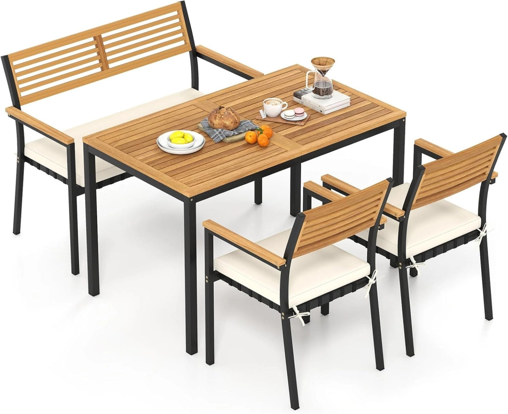 Set Pranzo da Giardino, Tavolo da Pranzo con 2 Sedie e Panca, Mobili da Esterno Ergonomiche Legno di Acacia con Foro per Ombrellone e Comodi Cuscini, per Bordo Piscina, Terrazza