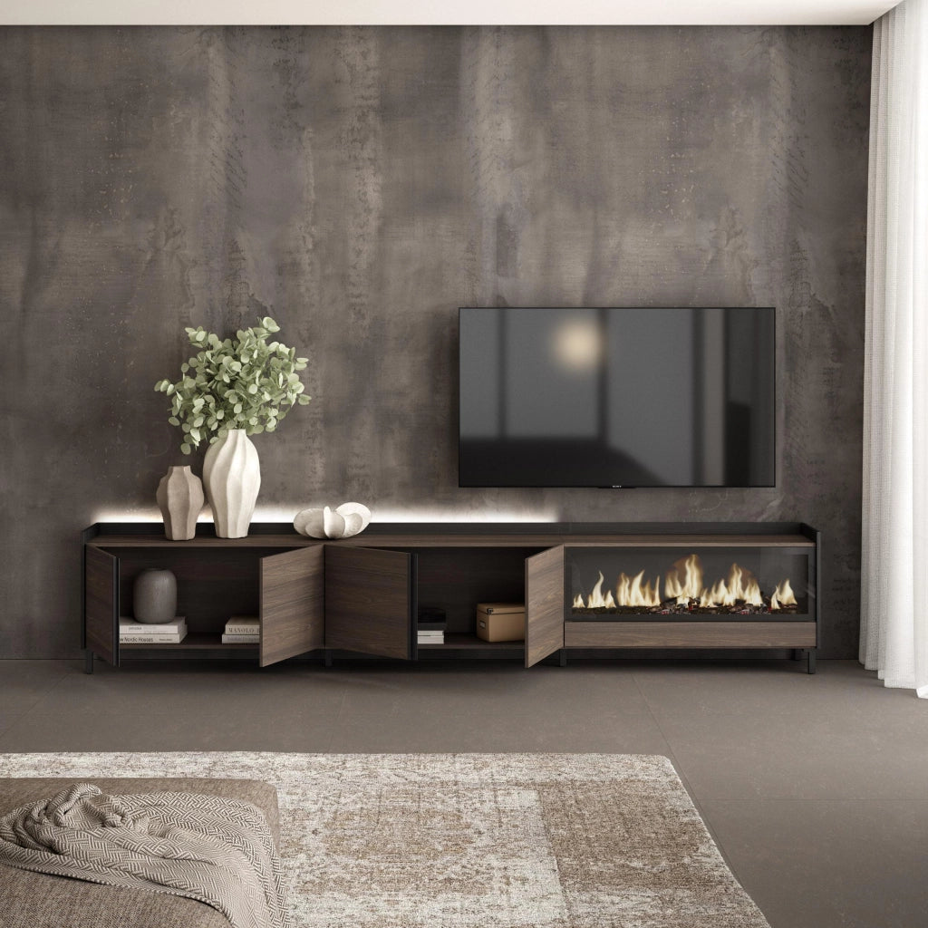 Mobile TV Soggiorno, 315x61x35 cm, Per TV fino a 80", Camino elettrico XXL, Design industriale, LED, Rovere scuro e Nero