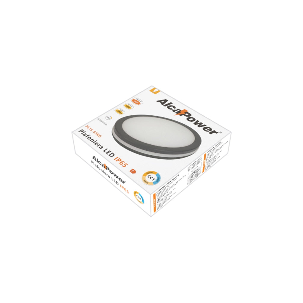 Alcapower Plafoniera LED Rotonda 15W IP54 IK08 CCT Selezionabile 3000K-4000K-6500K 1500lm Grigia, Design Compatto e Alta Efficienza Energetica