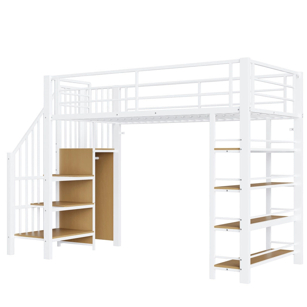 Letto a soppalco 90x200 cm bianco in metallo e MDF con scala contenitore e armadietto