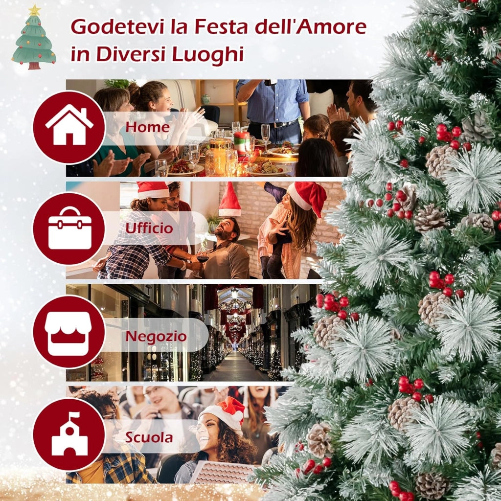 Albero di Natale Innevato 185/215 cm Pre-Illuminato e Incernierato, con 747/1116 Punte, 350/400 Luci LED, 55/70 Pigne, 55/70 Bacche Rosse e 11 Modalità di Illuminazione (185 cm)