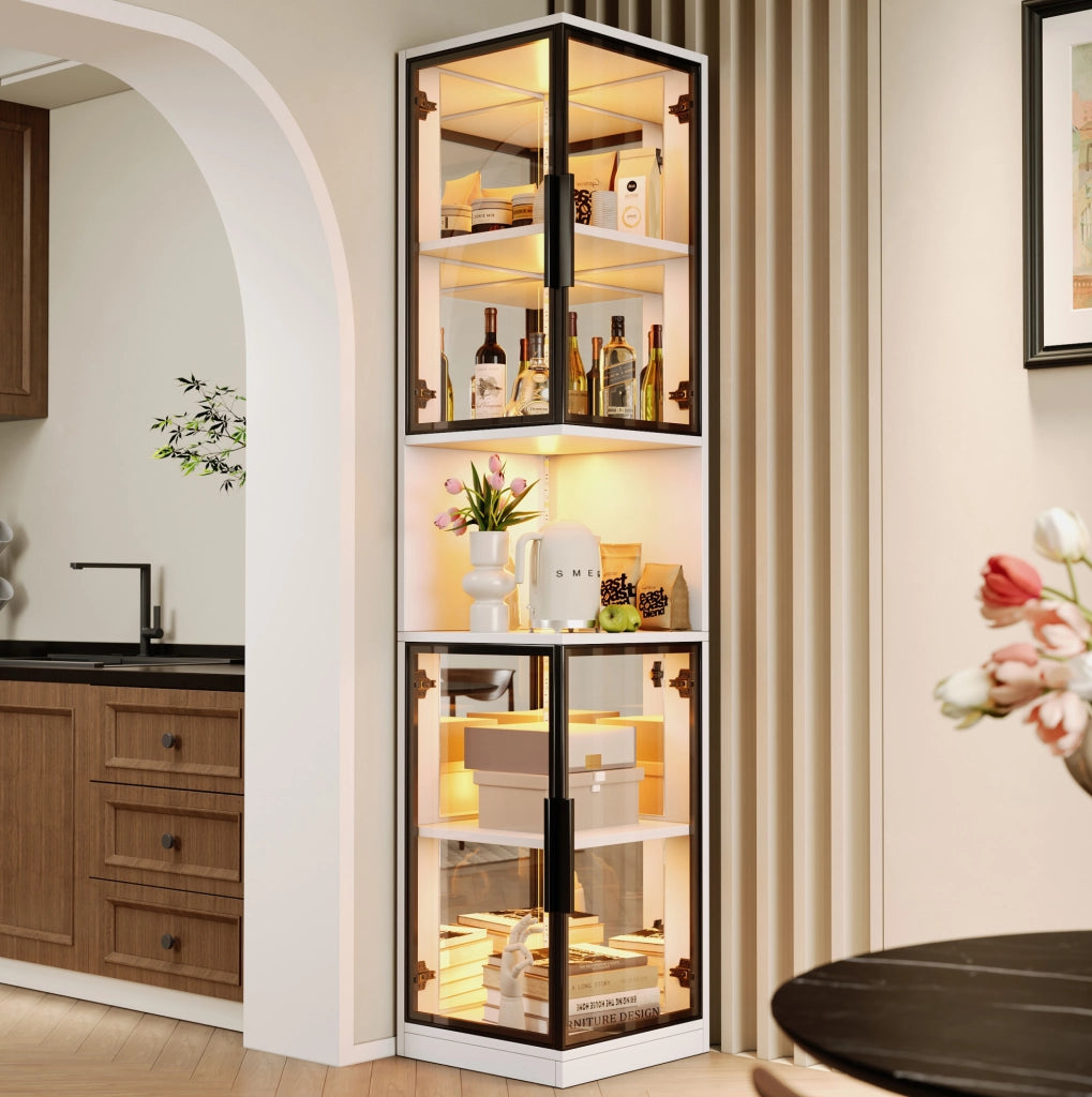 Vetrina LED bianca con ante in vetro, specchi e vano aperto, 205 cm