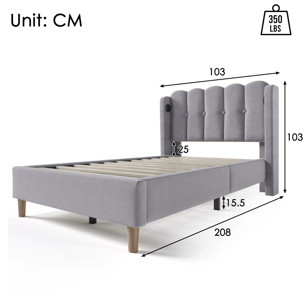 Letto imbottito 90x200 cm con ricarica USB e Type-C, struttura robusta e design moderno
