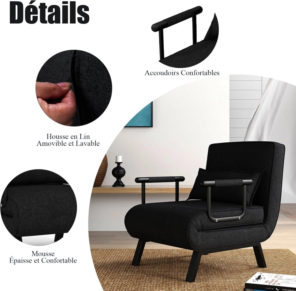 4 in 1 Poltrona Letto Singolo, Poltrona Pieghevole con Schienale Reclinabile a 6 Livelli, Divano Letto con Materasso e Cuscino, per Soggiorno e Salotto, 79 x 65 x 79 cm (Nero)