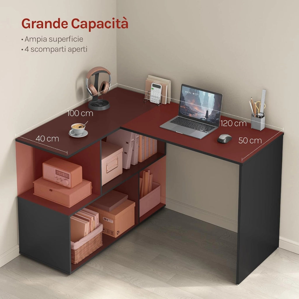 Scrivania Angolare, 120x100 cm Scrivania a Forma di L con Libreria, Nero, per Computer, Tavolo da Lavoro, Studio and Soggiorno