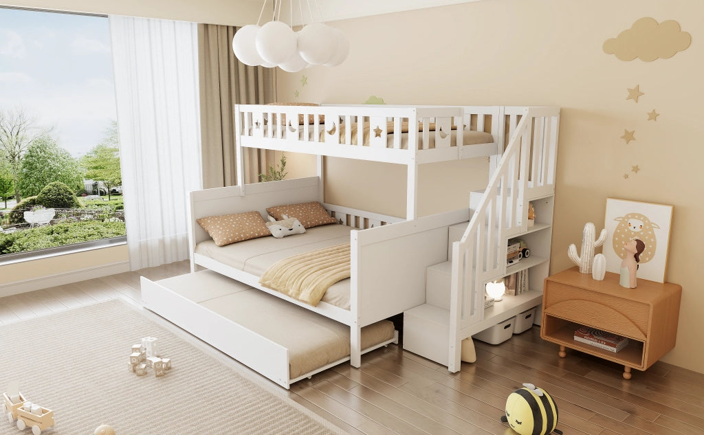 DESMIU Letto a castello letto bambini 3 posti con scala contenitore e letto estraibile, 90 × 200 e 140 × 200 cm, senza materasso