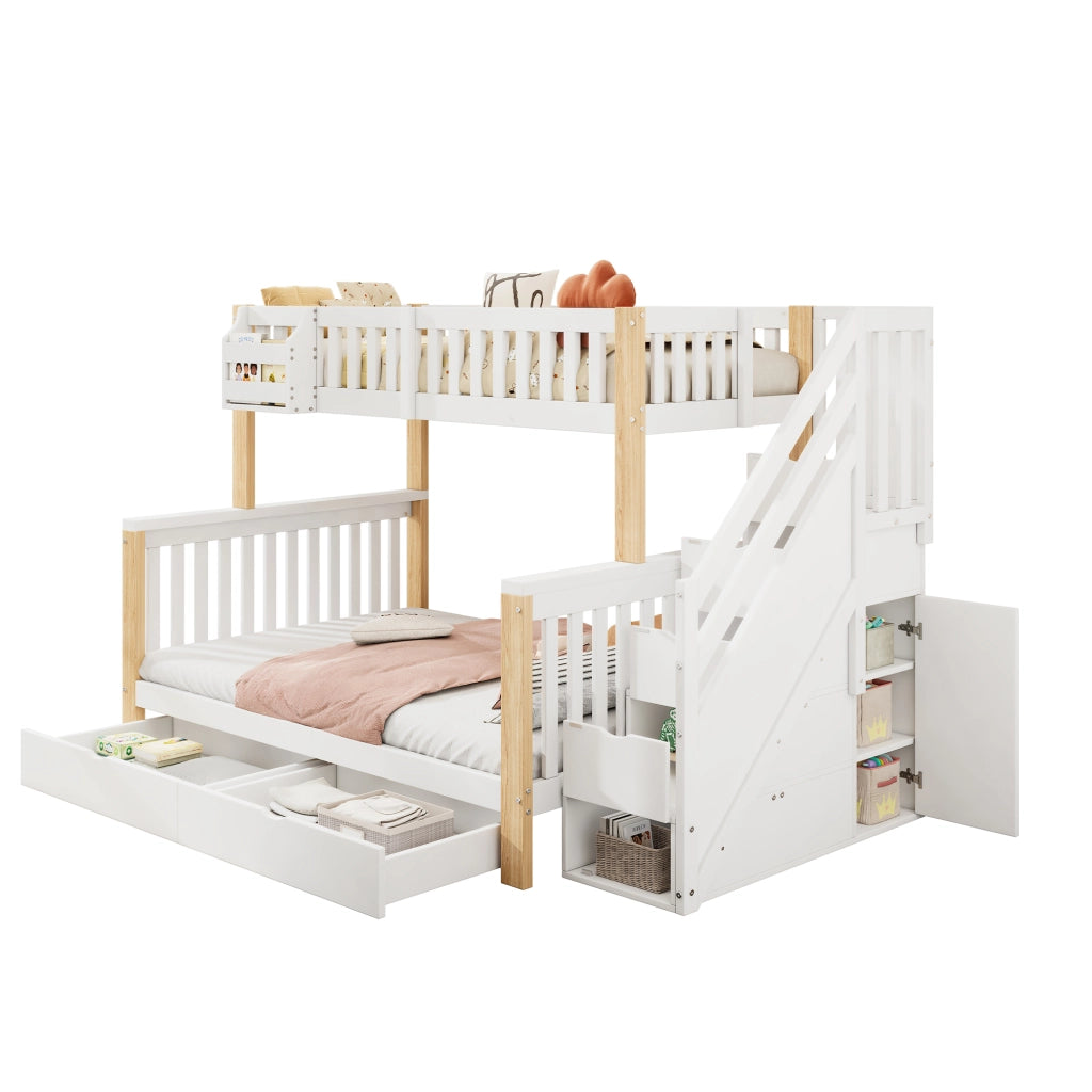 Letto a castello multifunzionale per bambini con contenitori, cassetto, scala-armadio, colore bianco e naturale